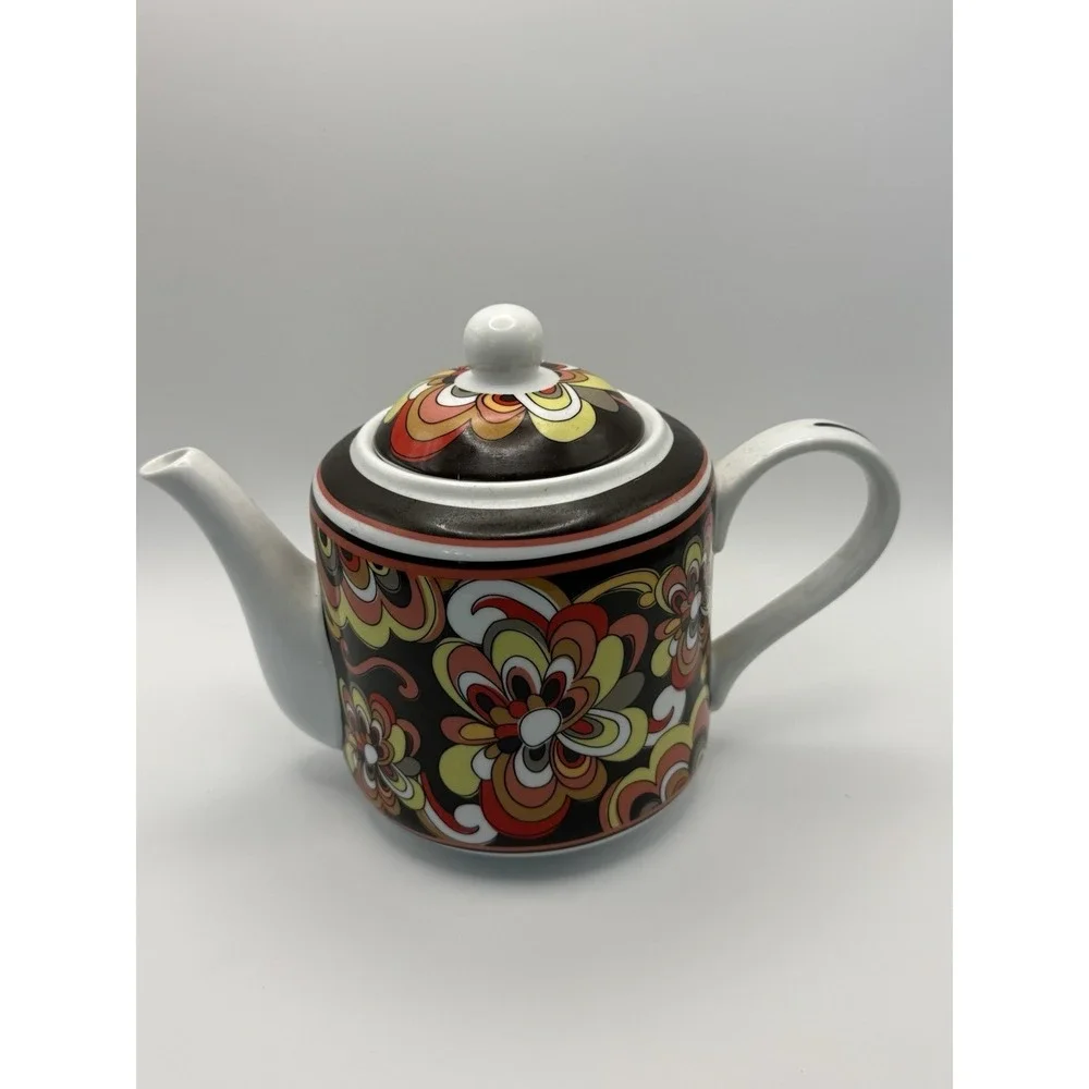 Retired Vera Bradley Puccini Teapot Brown Yellow Retro Floral‎ Groovy Pot